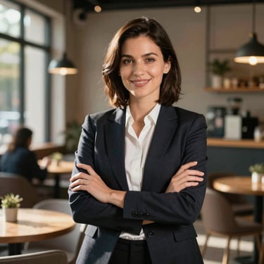 A confident professional woman in corporate attire standing in a modern, sunlit cafe. She is smiling professionally. Global B2B environment, high-quality professional photography.