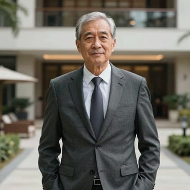 A professional portrait of a senior hotel executive in a tailored business suit standing against a blurred background of a modern luxury resort. Global B2B style, confident and trustworthy expression.