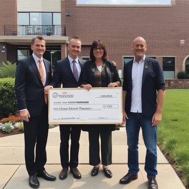 A smiling delivery person handing a package to a happy customer at their doorstep.