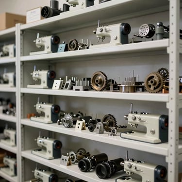 Organized metal shelves filled with genuine embroidery machine spare parts, needles, gears, and tensioners under bright neutral light