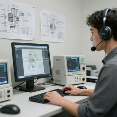 Our technical support office with engineering schematics on the wall and diagnostic equipment on the table