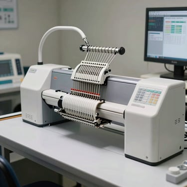 A clean workbench with specialized calibration tools and computerized embroidery machine control panels