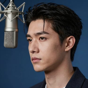 A portrait of a young man with a modern hairstyle, looking thoughtfully off-camera. He is in a studio with soft deep steel blue lighting and a high-end microphone visible in the background.