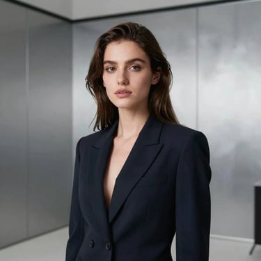 A professional portrait of a young woman with a creative, confident expression. She is wearing a dark navy blazer and stands in a modern, well-lit studio environment with silver cloud grey walls.