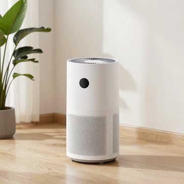 A sleek, white cylindrical air purifier on a light wood floor next to a green houseplant, bright daylight, airy neutral tones, 35mm