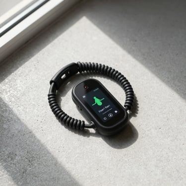 Overhead flat-lay on pale concrete, a compact GPS heart-rate chest strap in black coiled neatly, natural window light from above-left casting a soft directional shadow, clean minimal composition