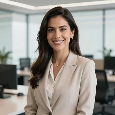 A portrait of a smiling woman in professional attire, in a bright, modern South American / Peruvian office setting, minimalist and elegant style.