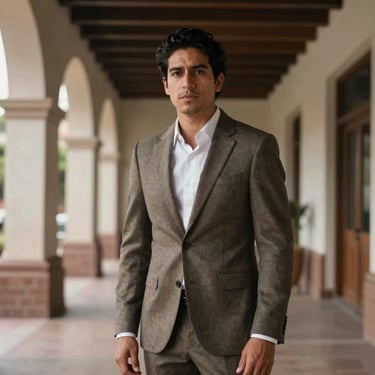A portrait of a confident man in a stylish suit, standing in a contemporary South American / Peruvian architectural space, natural soft lighting.