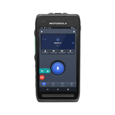 Motorola LEXL11 showing the initial screen of our MCPTT/PoC system Displaying User, Current Group, 