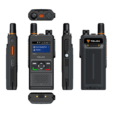 Radio Telox TE320 con Boton PTT dedicado vista frontal, lateral y trasera