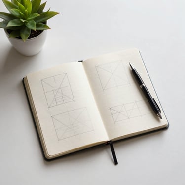 Clean, top-down view of a minimalist desk setup with a notebook showing geometric diagrams, a pen, and a small plant, bright natural light.