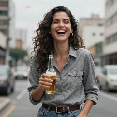 A candid portrait of a woman laughing while holding a beer in a South American / Brazilian urban hub, wearing modern casual clothes, soft mist grey lighting.
