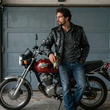 A man in a leather jacket leaning against a motorcycle with a bottle of beer in a South American / Brazilian garage setting, muted blue-grey lighting.