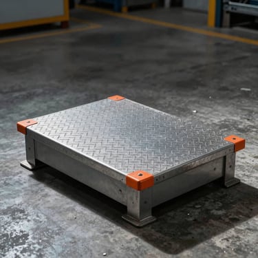 Heavy-duty industrial platform scale on concrete floor, steel diamond plate texture, dramatic lighting