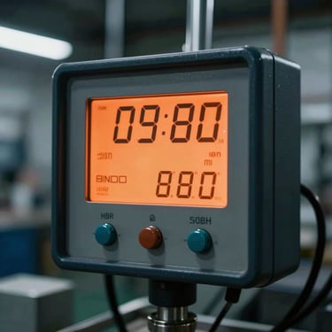 Digital weight indicator terminal screen glowing orange, showing numerical data, industrial background