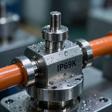 Close-up of a stainless steel load cell, IP69K rating, water droplets, cool metallic tones, sharp focus