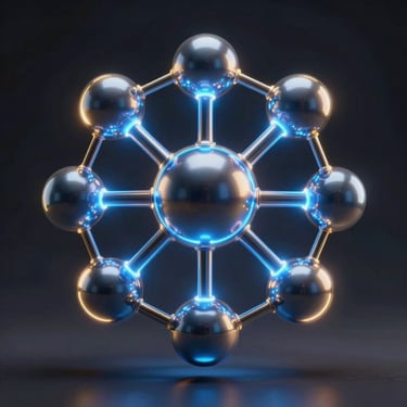 Abstract 3D metallic nodes glowing with neon blue and gold rim lights, dark ambient studio background, sharp focus.