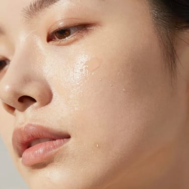 Extreme close-up of healthy radiant skin, smooth texture, dewy glow, soft morning sunlight, warm editorial photography