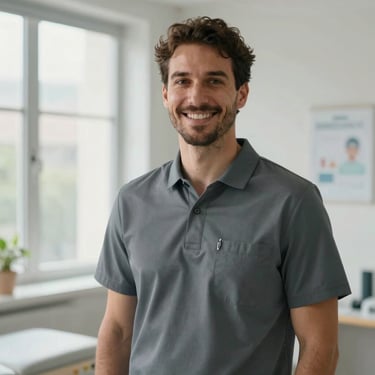 Professional portrait of a male physical therapist in a slate gray clinical polo, smiling in a bright, daylight-filled medical space.