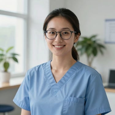 Professional portrait of a female physical therapist with glasses, smiling in a clean, modern clinic with soft background plants and daylight.