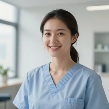 Professional portrait of a female physical therapist with hair tied back, smiling warmly in a bright, modern clinic with soft daylight.