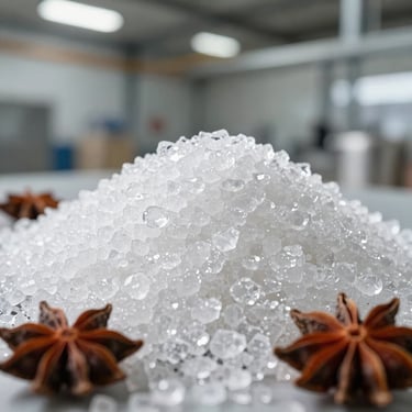 Macro shot of pure refined white sugar crystals and whole raw spices, bright clean industrial warehouse lighting