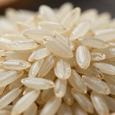 Extreme macro shot of raw premium long-grain basmati rice, high contrast, natural midday light, sharp detail of individual grains