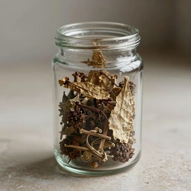 Close-up of dried botanicals inside a clean glass jar on a light stone surface, soft diffused side daylight, professional and minimalist aesthetic.