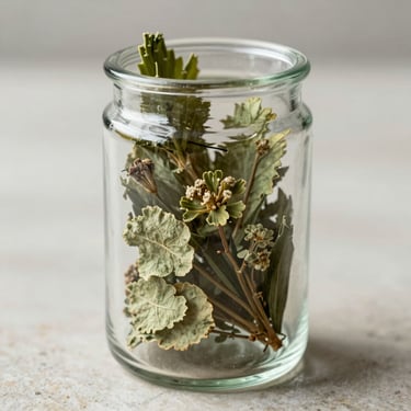 Minimalist close-up of dried green botanicals inside a clear glass jar, soft natural morning light, light stone surface background.