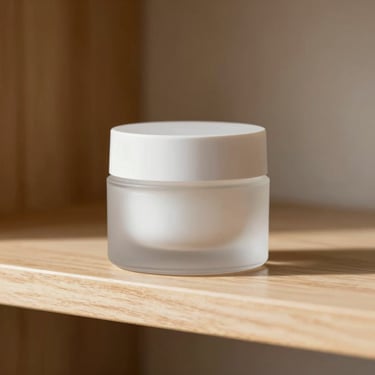 A single frosted glass cosmetic jar on a light-colored wooden shelf, clean minimalist aesthetic, soft side lighting.