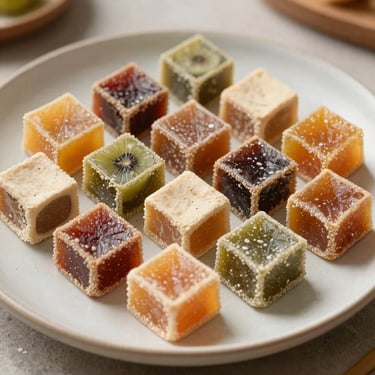 Artisanal square fruit confections arranged neatly on a light textured ceramic plate, bright airy daylight.