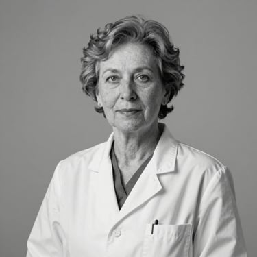 Professional black and white studio portrait of a senior female dermatologist, clinical setting, neutral background, objective framing.