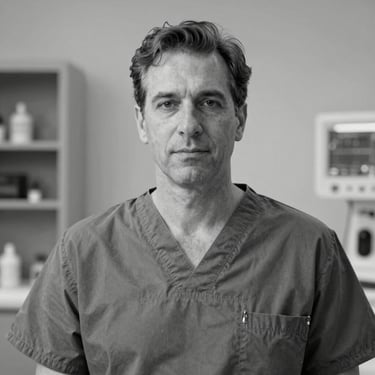 Professional black and white studio portrait of a middle-aged male plastic surgeon, clean daylight, academic background.