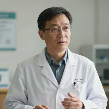 Professional portrait of a speaking doctor in an academic clinical setting, bright neutral daylight, objective framing.