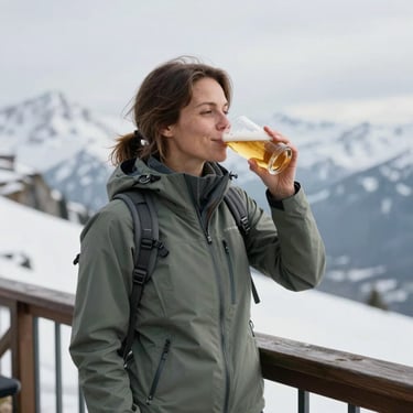 A woman in a sage green hiking jacket smiling while drinking beer on a mountain balcony overlooking a vast, soft snow white landscape.
