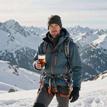 A portrait of a male mountaineer in professional gear, holding a glass of dark beer against a backdrop of soft snow white mountains.
