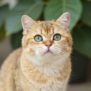 Beautiful golden chinchilla British Shorthair female cat with expressive green eyes, soft warm lighting, close-up portrait