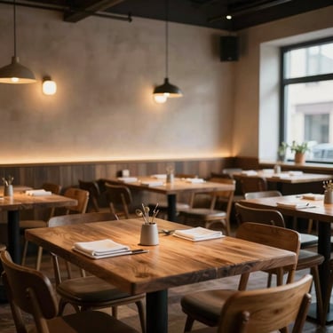 Moody, warm Scandinavian-style interior of an empty artisanal restaurant dining room before service, soft light hitting wooden tables.