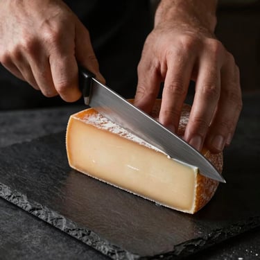 Close-up of hands slicing a wedge of artisanal cheese on a dark slate board, moody shadows and warm side glow.
