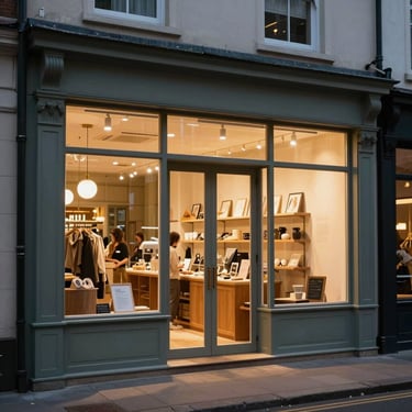 Atmospheric shot of a boutique market storefront at dusk, warm interior light spilling onto a quiet street.