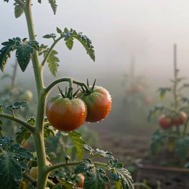 Misty morning farm field with dew on heirloom tomato vines, soft directional natural light.