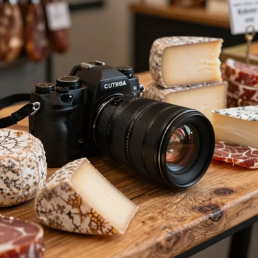 A camera setup over a rustic wooden table in a boutique food market, capturing fresh artisanal cheeses and cured meats.