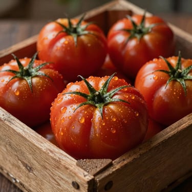 Macro shot of vibrant heirloom tomatoes clustered in a rustic wooden crate, morning dew catching soft natural light.