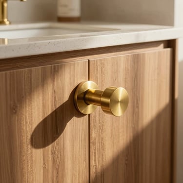 Close-up of a premium brushed brass salon fixture and custom walnut cabinetry in a warm, sunlit suite.