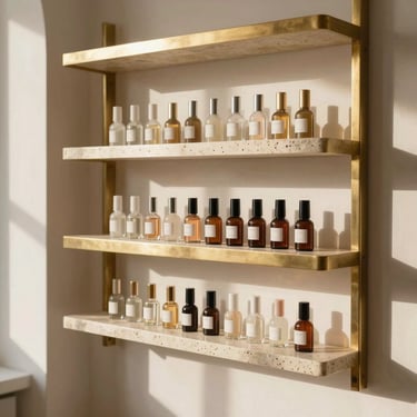 Minimalist nail design station with brushed brass accents and neat rows of bottles on travertine shelves.