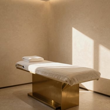 Serene treatment room with warm travertine textures, a minimalist treatment table, and soft afternoon sun.