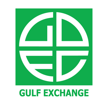 a white and green logo for gulf exchange company