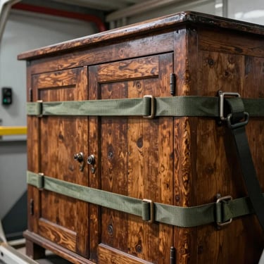 Close-up of heavy-duty tie-down straps securing a detailed 18th-century wooden cabinet inside a clean transport hold