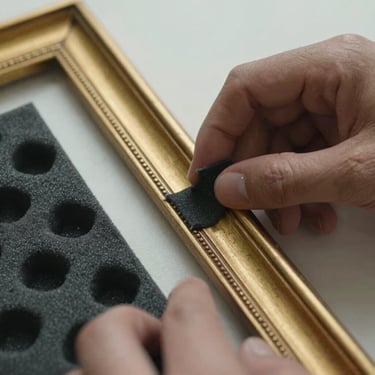 Macro close-up of hands wrapping a gilded antique frame in archival-grade protective foam, soft diffused natural light.