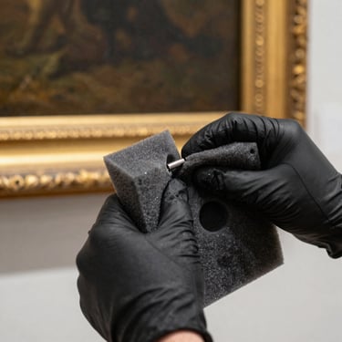 Macro close-up of gloved hands wrapping a gilded oil painting frame in archival foam, soft gallery lighting